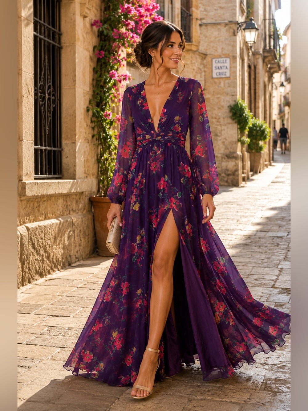 NWT Mac Duggal 68558 Purple Floral Chiffon Plunge V High Slit Gown Sz 4